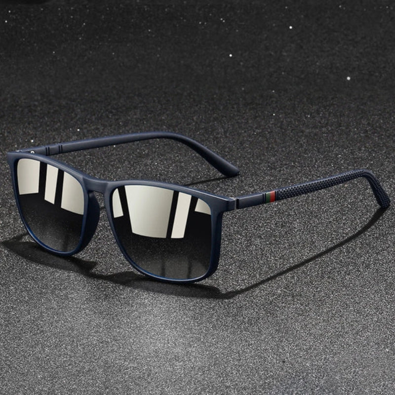 Black sunglasses with reflective lenses on a dark textured background