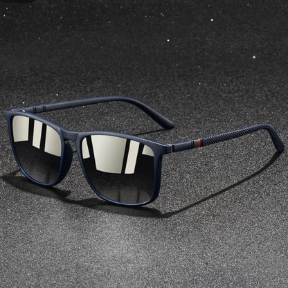 Black sunglasses with reflective lenses on a dark textured background