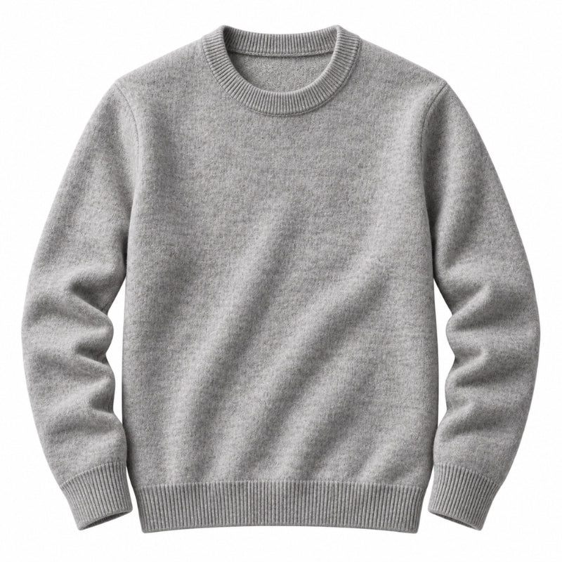 A light gray crewneck sweater with ribbed collar, cuffs, and hem, displayed on a solid white background.