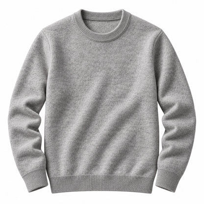 A light gray crewneck sweater with ribbed collar, cuffs, and hem, displayed on a solid white background.