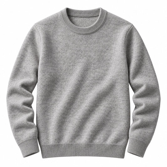A light gray crewneck sweater with ribbed collar, cuffs, and hem, displayed on a solid white background.