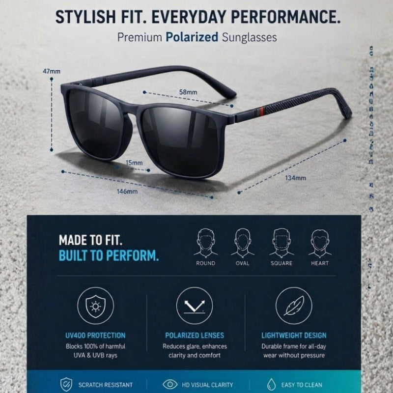 Polarized sunglasses with dimensions and features on a textured background