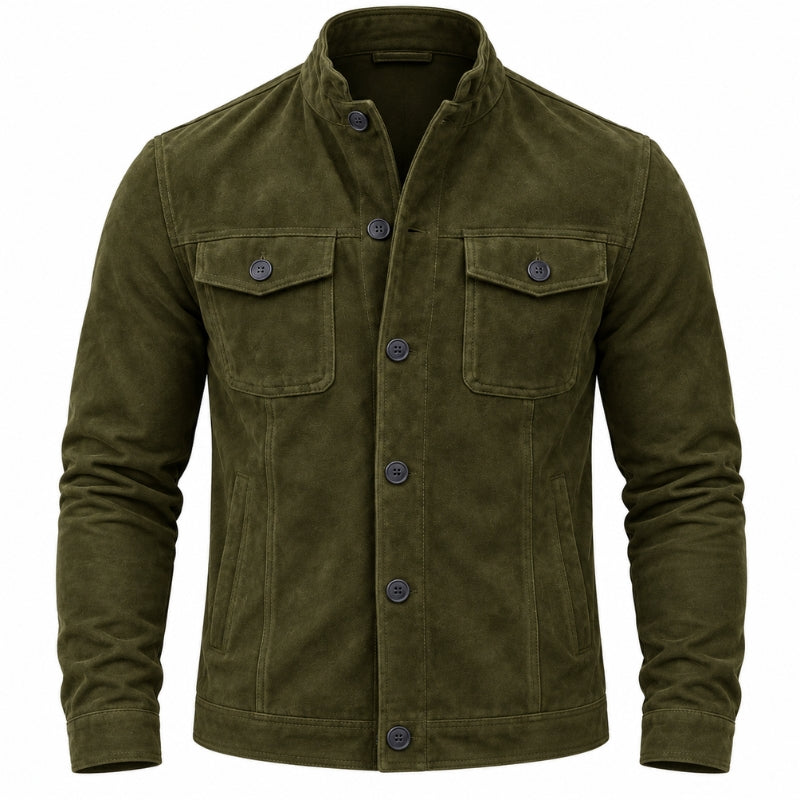 An olive green corduroy jacket with a stand collar, button-up front, and two buttoned chest flap pockets, shown on a plain white background.