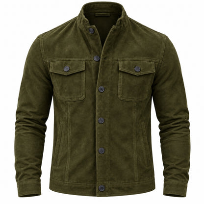 An olive green corduroy jacket with a stand collar, button-up front, and two buttoned chest flap pockets, shown on a plain white background.