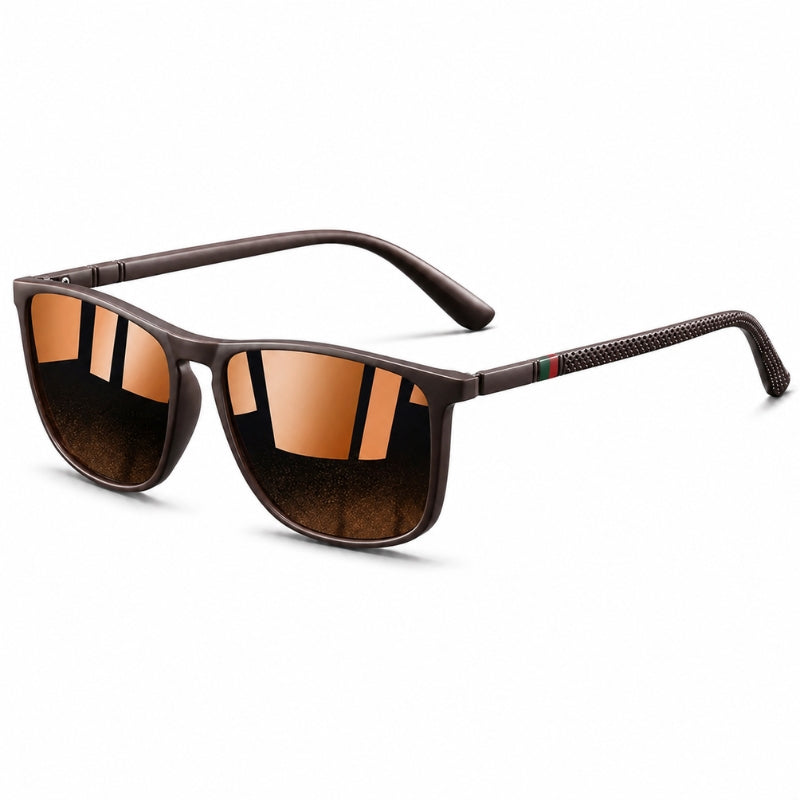 Brown sunglasses with reflective lenses on a white background