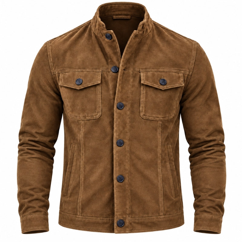 A men's brown suede or corduroy jacket with a stand collar, dark buttons, and two chest flap pockets, shown on a plain white background.