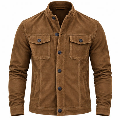 A men's brown suede or corduroy jacket with a stand collar, dark buttons, and two chest flap pockets, shown on a plain white background.