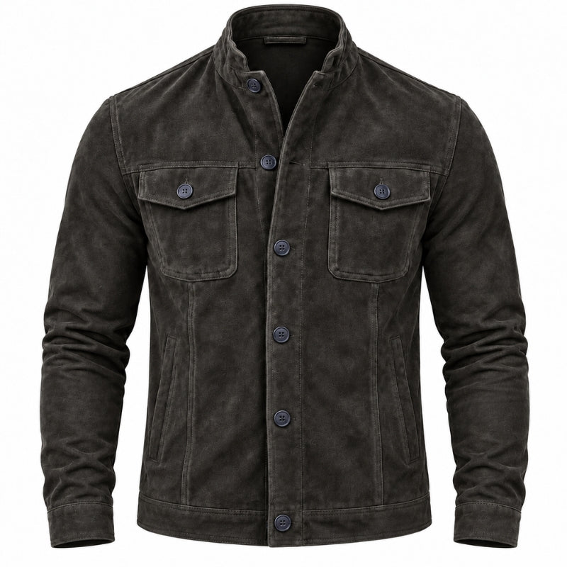 A men's dark charcoal gray corduroy jacket with a stand collar, button-up front, and two buttoned chest flap pockets, shown on a plain white background.