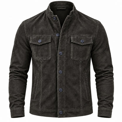 A men's dark charcoal gray corduroy jacket with a stand collar, button-up front, and two buttoned chest flap pockets, shown on a plain white background.