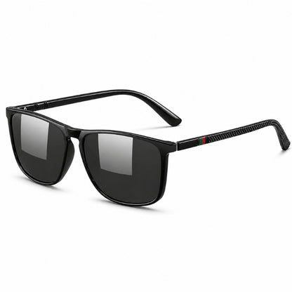 Black sunglasses with a brand logo on the arm against a white background