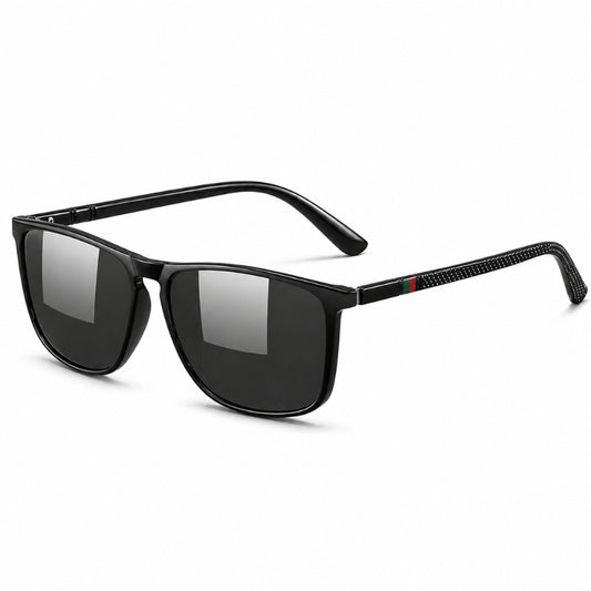 Black sunglasses with a brand logo on the arm against a white background