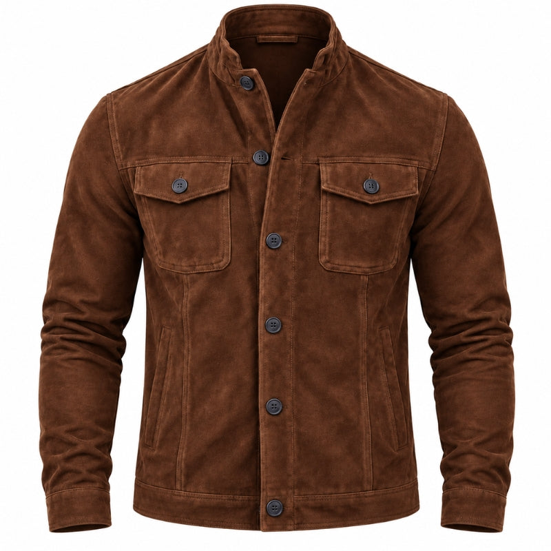 A men's brown suede or nubuck jacket with a stand collar, button-up front, and two buttoned chest flap pockets, shown on a plain white background.