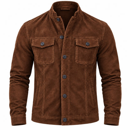 A men's brown suede or nubuck jacket with a stand collar, button-up front, and two buttoned chest flap pockets, shown on a plain white background.