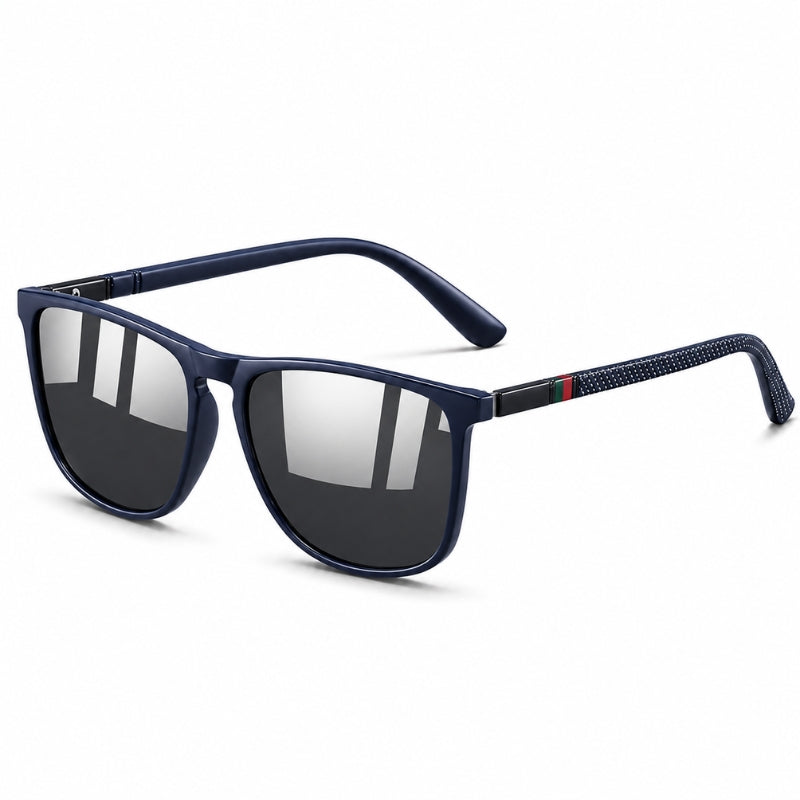 Blue sunglasses with dark lenses on a white background