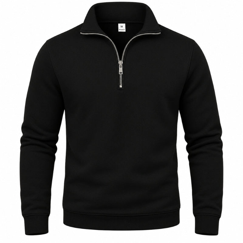 A black long-sleeve quarter-zip sweatshirt with a silver zipper and collar trim, shown on a plain white background.