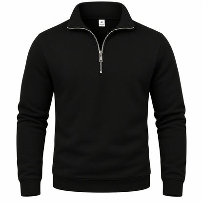 A black long-sleeve quarter-zip sweatshirt with a silver zipper and collar trim, shown on a plain white background.