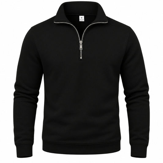 A black long-sleeve quarter-zip sweatshirt with a silver zipper and collar trim, shown on a plain white background.