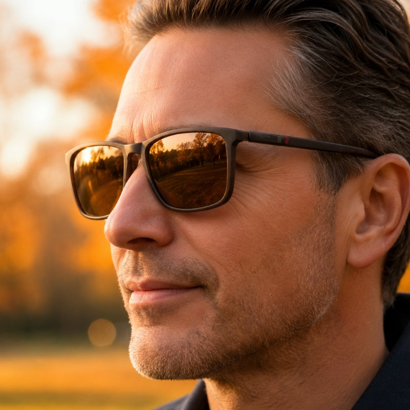 Man wearing sunglasses with a blurred autumn background