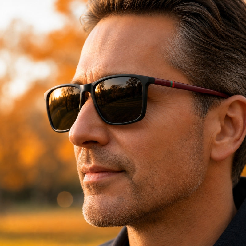 Man wearing sunglasses with a blurred autumn background