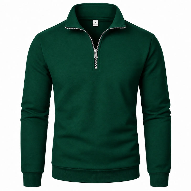 A dark green long-sleeve quarter-zip sweatshirt with a stand-up collar and silver zipper, shown on a plain white background.