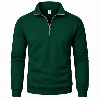 A dark green long-sleeve quarter-zip sweatshirt with a stand-up collar and silver zipper, shown on a plain white background.