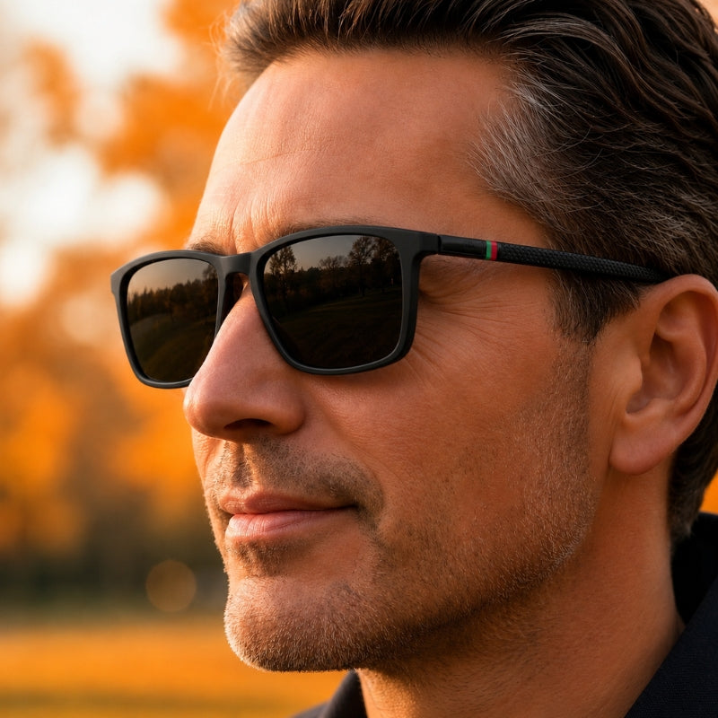 Man wearing sunglasses with a blurred autumn landscape in the background