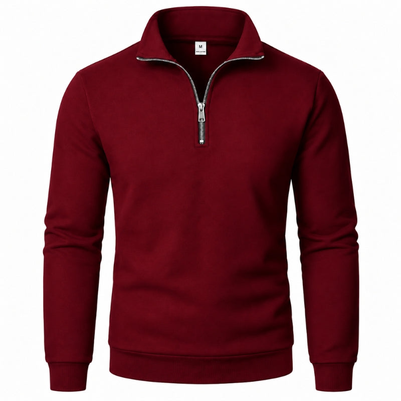 A men's long-sleeve quarter-zip sweatshirt in deep burgundy red, featuring a stand-up collar and a silver zipper, shown on a plain white background.