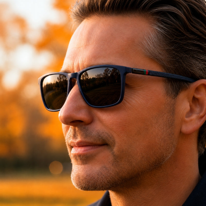 Man wearing sunglasses with a blurred autumn background