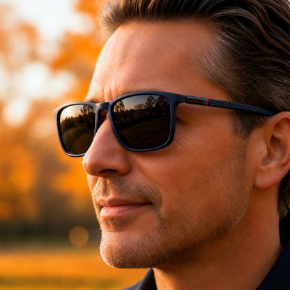 Man wearing sunglasses with a blurred autumn background