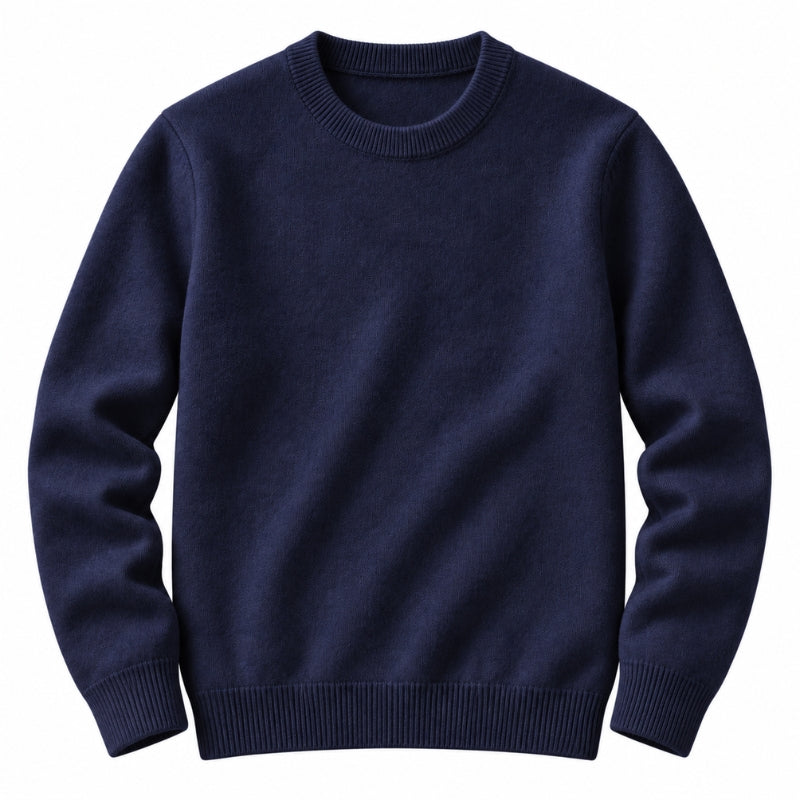 A navy blue crewneck sweater with ribbed collar, cuffs, and hem, displayed on a clean white background.