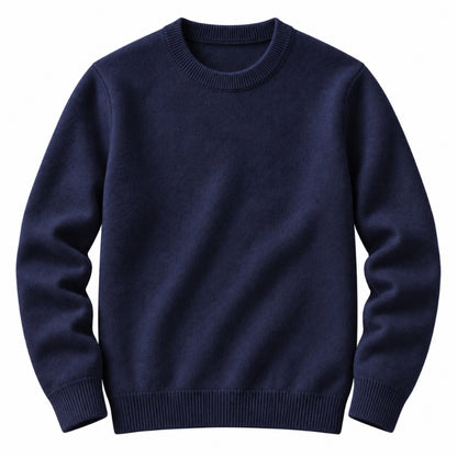 A navy blue crewneck sweater with ribbed collar, cuffs, and hem, displayed on a clean white background.