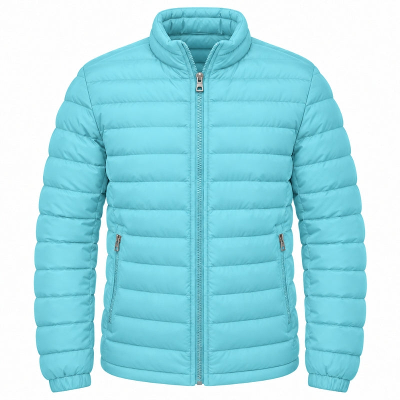 A light blue puffer jacket with horizontal quilting, a full front zipper, and a stand-up collar, shown against a plain white background.
