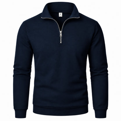 A dark navy blue long-sleeve quarter-zip sweatshirt with a stand-up collar and silver zipper, shown on a plain white background.