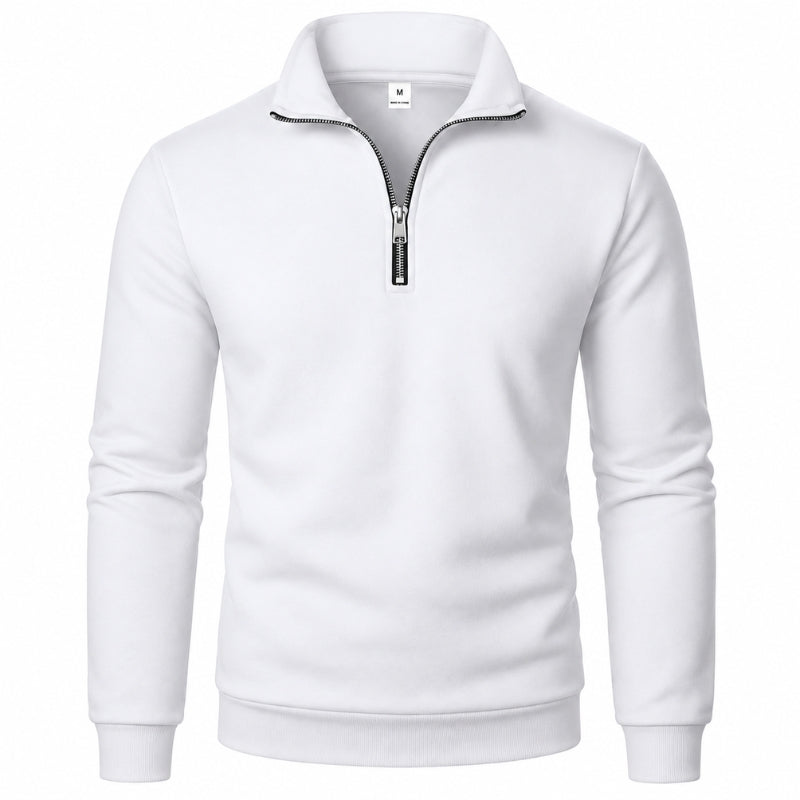 A white long-sleeve quarter-zip sweatshirt with a stand-up collar and a black zipper pull, shown on a plain white background.