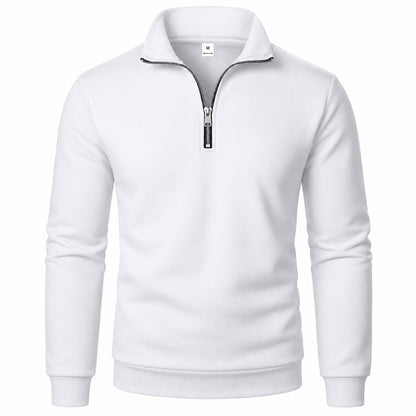 A white long-sleeve quarter-zip sweatshirt with a stand-up collar and a black zipper pull, shown on a plain white background.