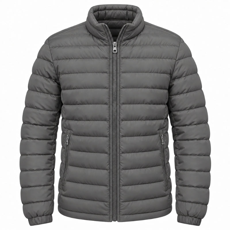 A dark gray puffer jacket with horizontal quilting, a full-length front zipper, a stand-up collar, and zippered hand pockets, shown against a plain white background.