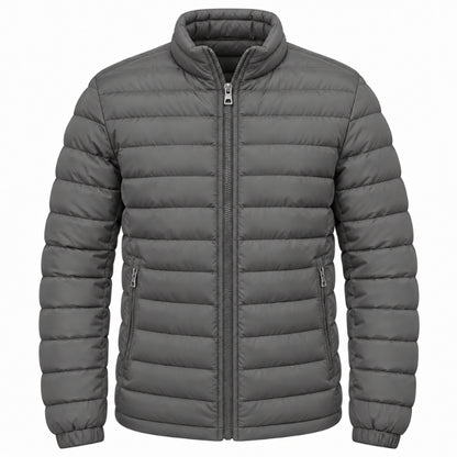 A dark gray puffer jacket with horizontal quilting, a full-length front zipper, a stand-up collar, and zippered hand pockets, shown against a plain white background.