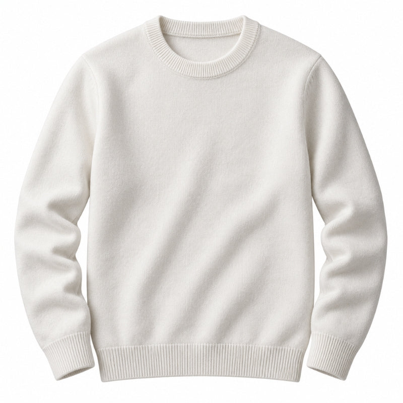 A plain off-white crewneck sweater with ribbed collar, cuffs, and hem, displayed on a clean white background.