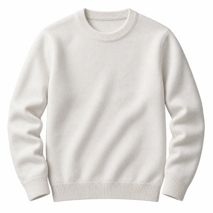A plain off-white crewneck sweater with ribbed collar, cuffs, and hem, displayed on a clean white background.