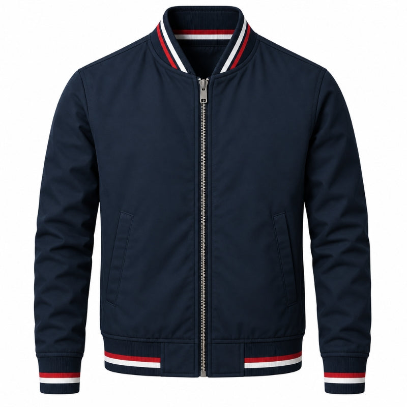 A navy blue zip-up bomber jacket with red and white striped ribbed trim on the collar, cuffs, and hem, shown against a plain white background.