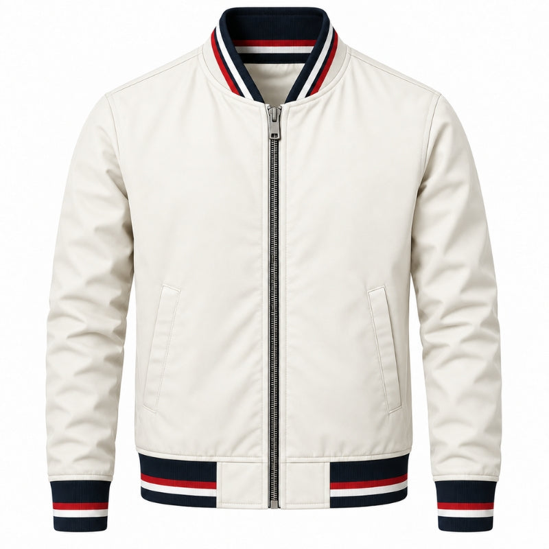 An off-white bomber jacket with navy and red striped ribbed trim on the collar, cuffs, and hem, featuring a silver front zipper and two side pockets.