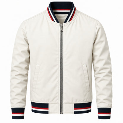 An off-white bomber jacket with navy and red striped ribbed trim on the collar, cuffs, and hem, featuring a silver front zipper and two side pockets.