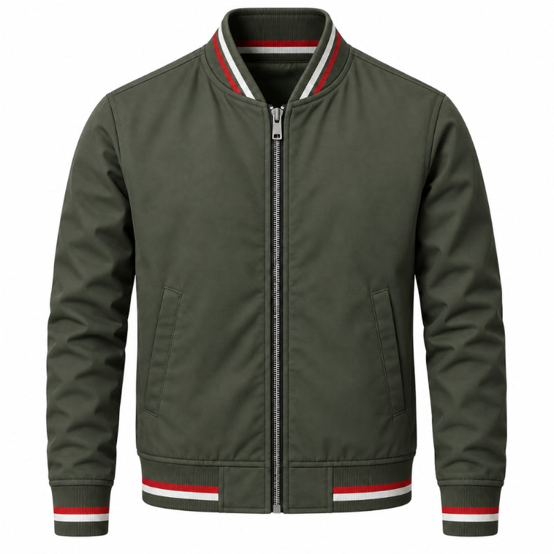 An olive green zip-up bomber jacket with red and white striped ribbed trim on the collar, cuffs, and hem, shown against a plain white background.