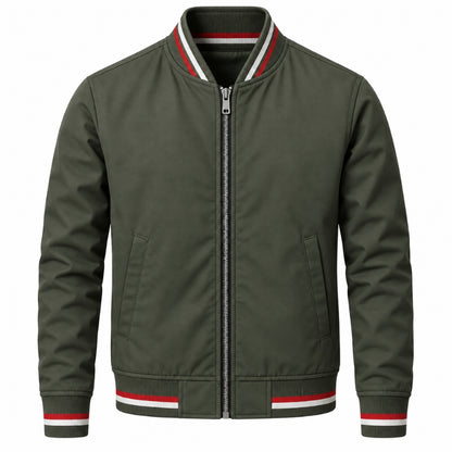 An olive green zip-up bomber jacket with red and white striped ribbed trim on the collar, cuffs, and hem, shown against a plain white background.