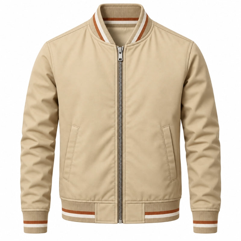 A beige zip-up bomber jacket with brown and white striped ribbed trim on the collar, cuffs, and hem, shown against a plain white background.