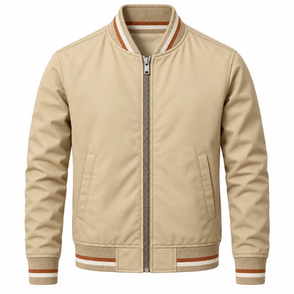 A beige zip-up bomber jacket with brown and white striped ribbed trim on the collar, cuffs, and hem, shown against a plain white background.