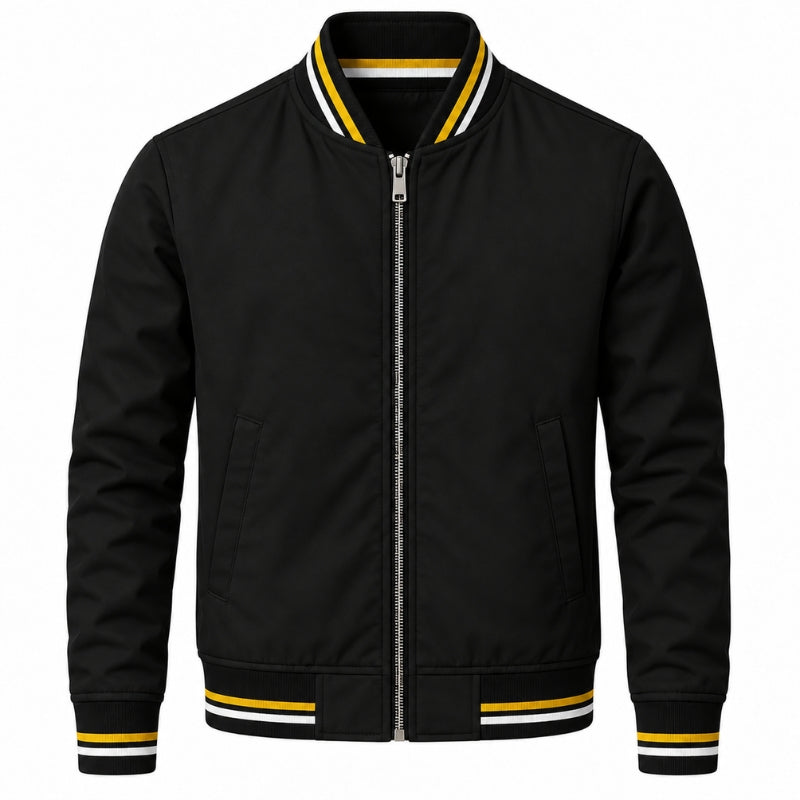 A black zip-up bomber jacket with white and yellow striped ribbed trim on the collar, cuffs, and hem, shown against a plain white background.