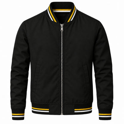 A black zip-up bomber jacket with white and yellow striped ribbed trim on the collar, cuffs, and hem, shown against a plain white background.