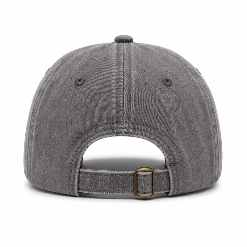 Gray baseball cap with a buckle on a white background