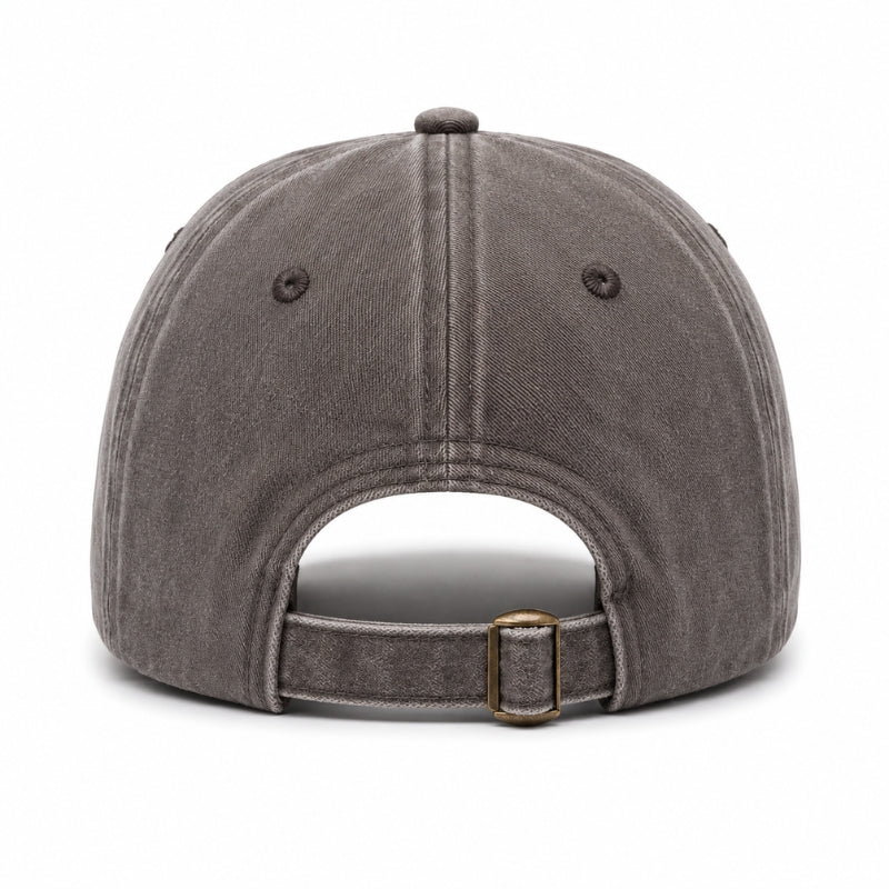 Gray baseball cap with a strap on a white background